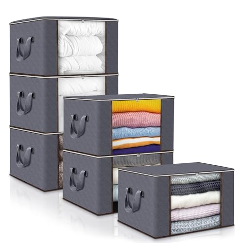 Collazoey 6 Stück Aufbewahrungstasche,90L Faltbare Aufbewahrung Boxen,Aufbewahrungsbehälter zum Organisieren von Schlafzimmer, Kleiderschrank, Kleidung, Steppdecken, mit Deckel und Griff, grau