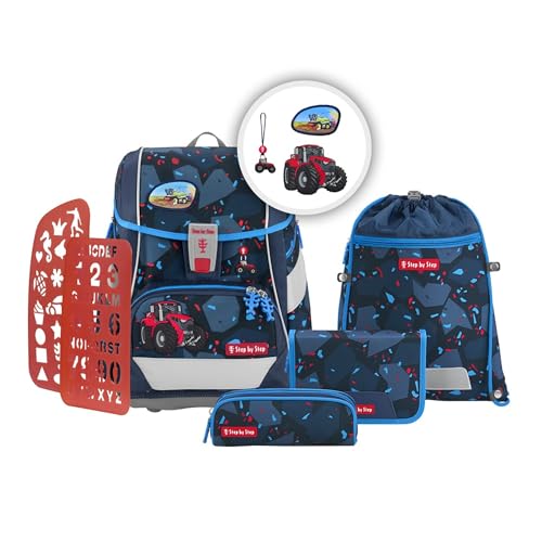 Step by Step Schulranzen-Set 2IN1 Plus „Tractor Freddy“ 6-teilig, blau, Traktor-Design, ergonomischer Tornister mit Reflektoren, höhenverstellbar mit Hüftgurt für Jungen ab der 1. Klasse, 19L