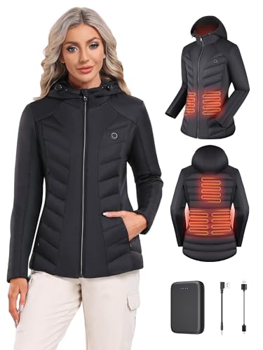 Zogeicy Damen Beheizbare Jacke mit akku 10000mAh, Elektrische Heizjacke with Kapuze, Winddichte Heizbare Beheizte Jacke für Skifahren, Wandern, Camping