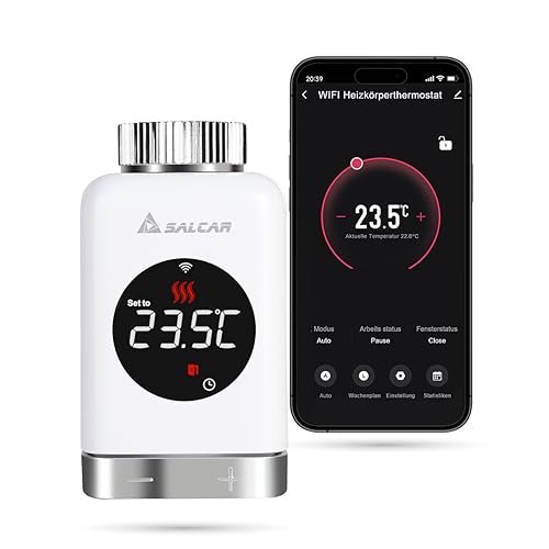 SALCAR Heizkörperthermostat TRV801W Thermostat Heizung Smart LCD WiFi kompatibel mit Amazon Alexa & Google Assistant Heizungsthermostat Tuya Smartes Heizkörper, kein Gateway Erforderlich