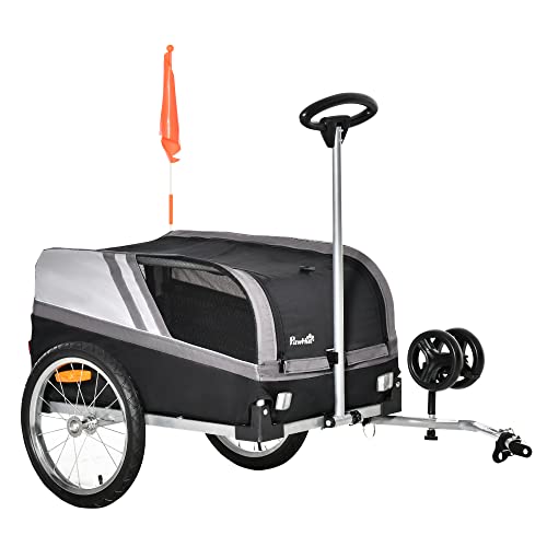 PawHut 2-in-1 Hundeanhänger Trolley für Haustier Lastenanhänger Fahrradanhänger Transportanhänger Haustierwagen atmungsaktiv Metall Oxford-Gewebe Schwarz+Silber 130 x 64 x 92 cm