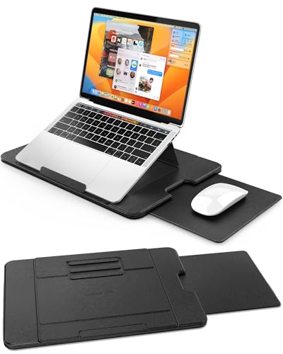 AboveTEK Tragbarer Laptop Desk – 3 Fach Verstellbarer Winkel Laptop Ständer, für Laptops bis 15,6 Zoll, Ausziehbares Mauspad, rutschfeste PU-Leder Laptopkissen, Ideal für Büro&Reisen