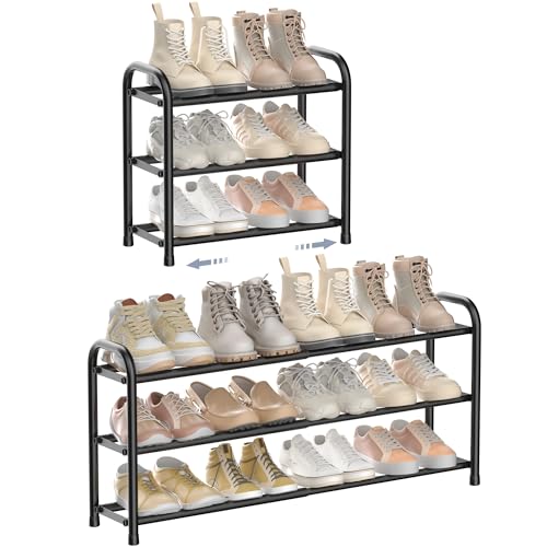 ENJOYBASICS Expandable Schuhregal, 3 Ebenen Adjustable Metall Schuhaufbewahrung 45 to 83cm, Schwarz Schuhregal Platzsparend für Diele, Flur