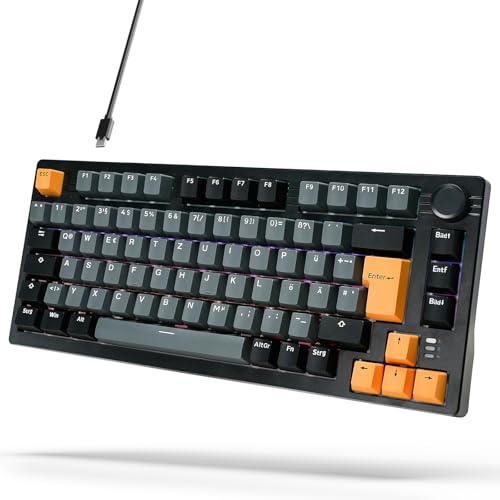 ARZOPA 75% Mechanische Tastatur, Gasket Gaming Tastatur Kabelgebunden QWERTZ Regenbogen Hintergrundbeleuchtung Kompakte 81 Tasten Lautstärkeregler für PC, Windows und Mac - K81