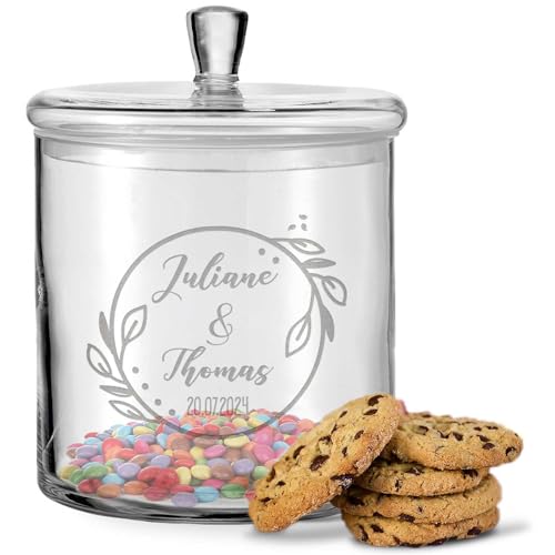 GRAVURZEILE Leonardo Keksglas mit Gravur - Keksdose Bonbonglas mit Deckel - Vorratsdose personalisiert mit Namen & Datum - Geschenk für Paare, zur Hochzeit als Geldgeschenk Farbe Blumenkranz