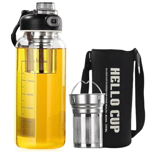 GOMETY 1,5L Trinkflasche Glas mit Teeabfluss, 1500 ml Wasserflasche Glas aus Borosilikatglas Tragbar Auslaufsicher Große Glasflasche ideal für Teeliebhaber Gym Sport Outdoor Fitness Büro BPA-frei