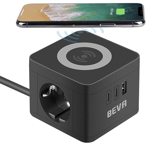 Steckdosenwürfel BEVA Cube Steckdosenleiste 2 Fach + 1USB-A+2 USB C mit Wireless Ladefunktion Mehrfachsteckdose Schutzkontakt Desktop-Ladestation, Handy-Ladegerät für Reise, Haushalt und Büro, Schwarz