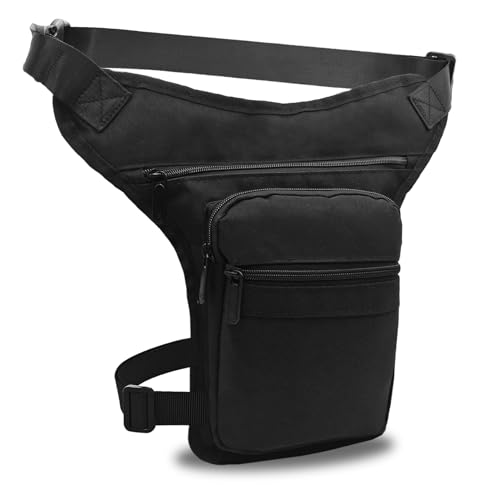 AHR Quality Gürteltasche für das Bein (große Kapazität), seitliche Gürteltasche für Motorrad, Hippie mit Reißverschluss, Militärarbeit, 3 Taschen und doppelter Befestigung, Unisex, Schwarz, Schwarz