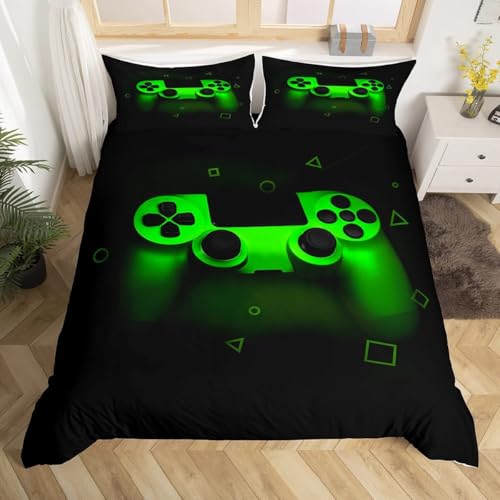 Gamer Bettwäsche Sets für Jungen 135x200,Gaming Bettbezug Kinder Teens Männer Videospiel Zimmer Dekor Reversible Tröster Abdeckung Grün Retro Game Controller Weicher Luxus 2 Stücke