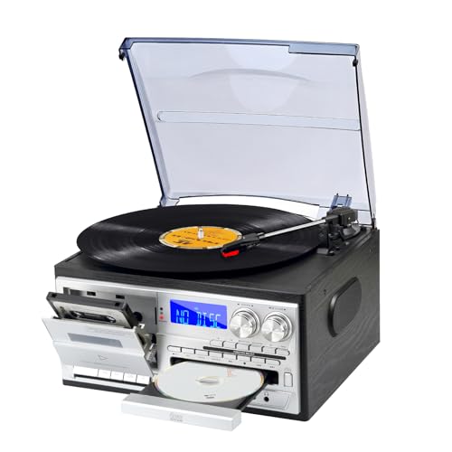 9 in 1 Plattenspieler mit Bluetooth, CD, Kassette, AM/FM Radio, USB SD MMC Wiedergabe und Fernbedienung – 3 Speed Turntable, Kopfhöreranschluss und Aux In RCA Line Out