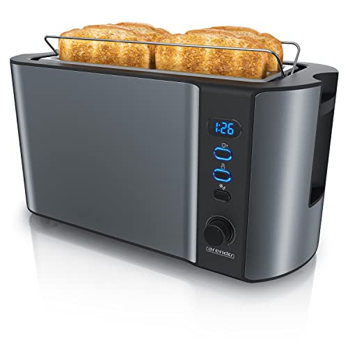 Arendo - Edelstahl Toaster Langschlitz 4 Scheiben, Defrost, wärmeisolierendes Gehäuse, Brötchenaufsatz, 1500W, Krümelschublade, Display, Cool Grey