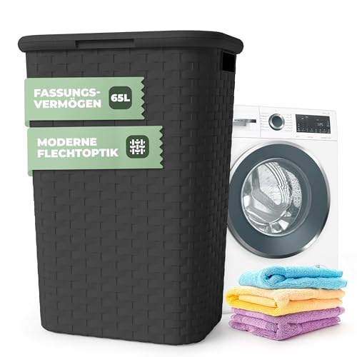 Wäschekorb mit Deckel Rattan - Wäschebox in Flechtoptik 65 L - Wäschesammler Kunststoff mit seitl. Griffen - Platzsparende Wäschesammelbox für Badezimmer & Wohnräume - Wäschetonne anthrazit
