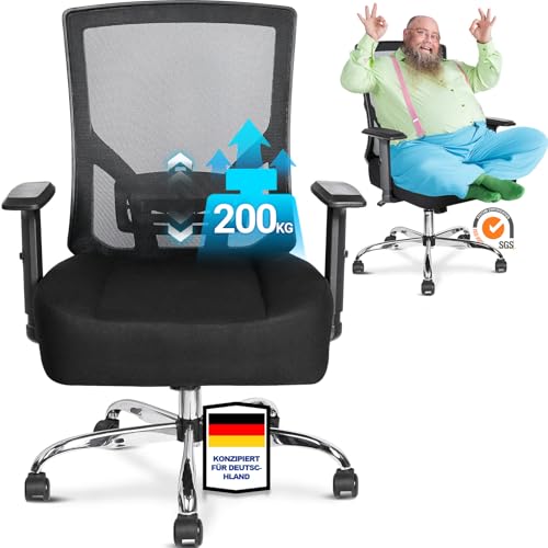 MELOKEA Bürostuhl 200KG XXL mit Extra Großes Federsitzkissen, Ergonomischer Bürostuhl 200KG mit Verstellbare Lendenwirbelstütze und Armlehnen, Stufenlose Neigungsfunktion, Schreibtischstuhl 200KG