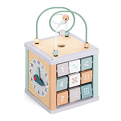 Navaris Motorikwürfel aus Holz - Activity Würfel Motorik Spielzeug ab 18 Monate - Motorikschleife Spielwürfel - Baby Spielspaß in Pastellfarben