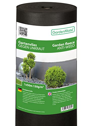 GardenMate 50m² Unkrautvlies Gartenvlies Rolle 1mx50m - 150g/m² Premium Unkrautfolie wasserdurchlässig - Extrem Reißfestes Flies Gartenflies Gartenfolie Beetfolie Pflanzfolie - Hohe UV-Stabilisierung