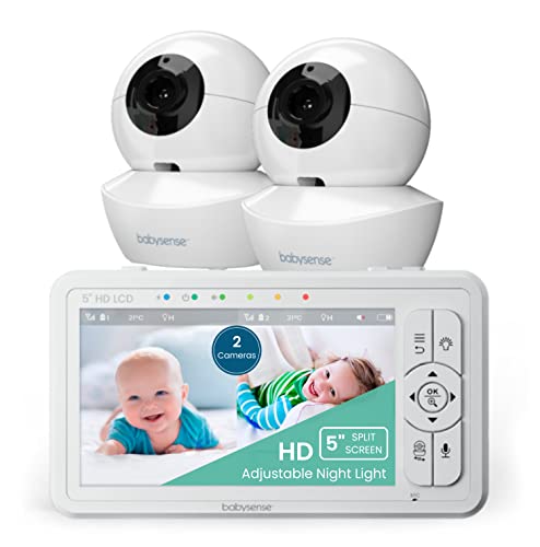 Babysense Babyphone HD 5 Zoll mit 2 Kameras, Video Babyphone ohne WLAN, Nachtlicht, Wiegenlieder, 300m Reichweite, Zwei-Wege-Audio, 4-facher Zoom, 4000mAh Akku