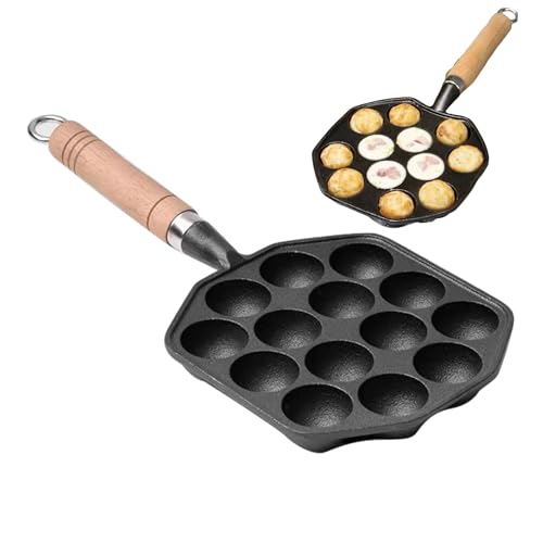 Topyond Antihaftbeschichtete Takoyaki-Pfanne aus Gusseisen Mit 14 Löchern,Takoyaki-Maker,Taiyaki-Pfanne,Aebleskiver Gusseisenpfanne,Poffertjes-Pfanne,Mochi-Maker,Grillpfanne Mit Abnehmbarem Griff