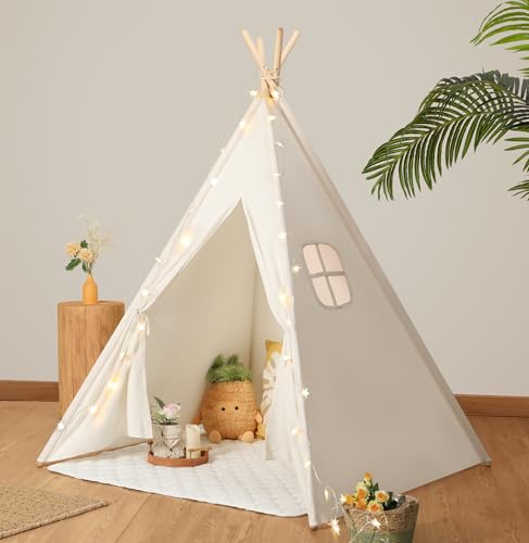 Wilwolfer Tipi Zelt für Kinder 100% Baumwolle kinderzelt Indoor mit Tragetasche Spielzelt für Mädchen & Jungen, Tippi Kinderzelt Spielzeug