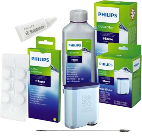 Philips AquaClean Rundum-Pflegeset für Kaffeevollautomaten (enthält Wasserfilter CA6903), Entkalker 250 ml, Schmierfett HD5061, Kaffeefettlöser CA6704/10 (6 Tabletten), Reinigungsbürste Seltino