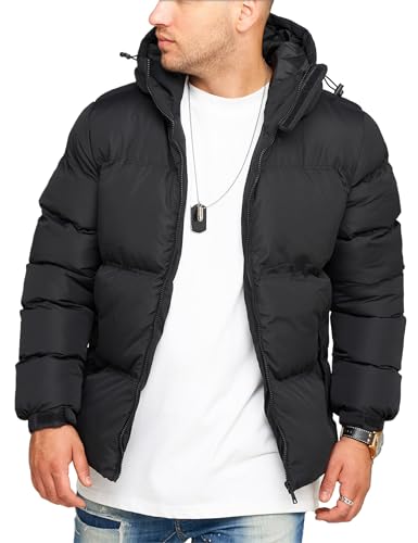 behype. Herren warme Winterjacke mit Kapuze Steppjacke Puffer-Jacke J14-Schwarz-XL