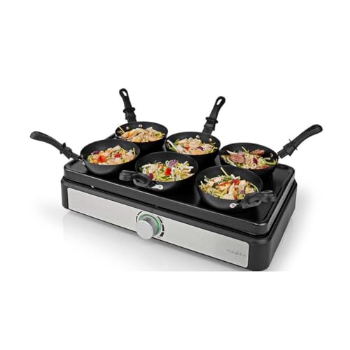 Nedis Party-Wok-Set | Grill | 6 Personen | Spatel | Zemperatureinstellungen | Antihaft-Beschichtung | Rechteck, Schwarz Aluminium