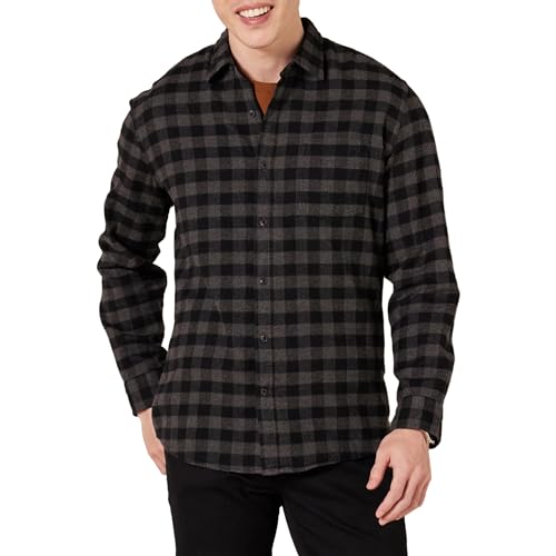 Amazon Essentials Herren Langarmhemd aus Flanell (in Übergröße erhältlich), Dunkelgrau Buffalokaros, XXL