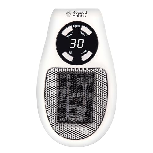 Russell Hobbs RHPH2001 Heater with Ceramic Plug-in Heater, 500 W, Adjustable Thermostat, 12-Hour Timer and LED Display, 2 Fan Speeds, White