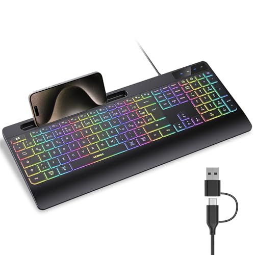 seenda Kabelgebundene Tastatur beleuchtet, ergonomische Tastatur mit Handyhalter und Handballenauflage für PC/Tablet/Smarthandy/Windows/Mac, USB & Typ C Kabel, leise Klicken - QWERTZ Layout, Schwarz