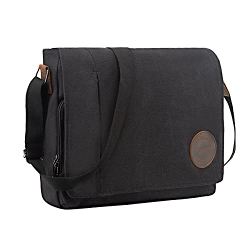 Leathario Herren Messenger Bag Umhängetasche aus Canvas und Echtleder Aktentsche Studententasche Laptoptasche 15,6 Zoll Schultertasche Kuriertasche Herrentasche Collegetasche Uni Studenten Schwarz