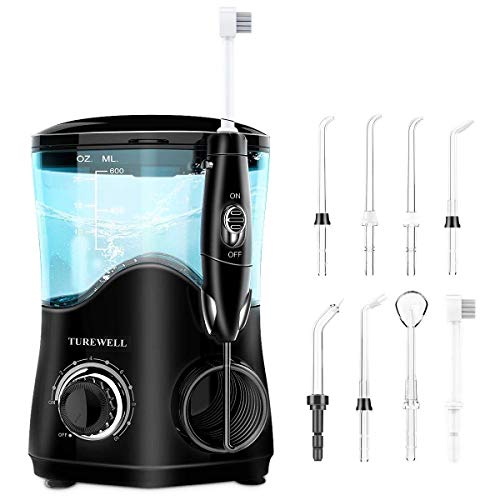 TUREWELL Elektrische Munddusche, Profi-Munddusche mit 10 einstellbaren Wasserdruckwerten, 600ml Fassungsvermögen und 8 multifunktionalen Düsenspitzen (Schwarz)