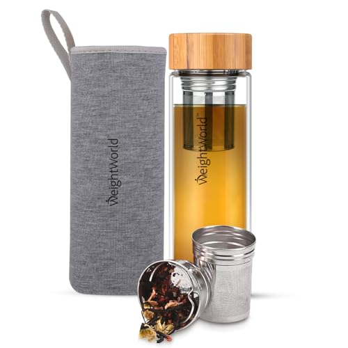 Teeflasche mit Sieb to Go - Trinkflasche 500ml aus Borosilikatglas - BPA-frei & Bleifrei - Thermo Glasflasche mit Teesieb aus Edelstahl, Bambusdeckel & Hülle - Geschenkset Tea Infuser von WeightWorld