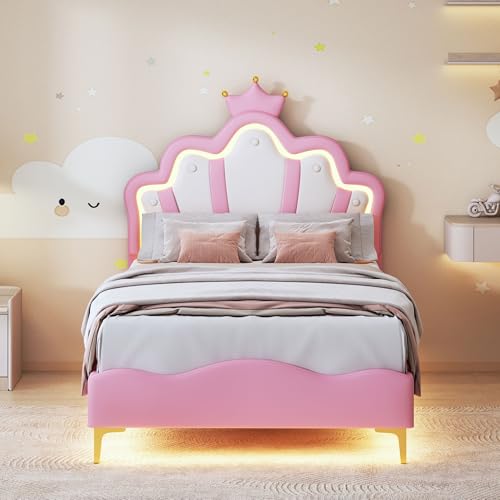 EIFSON Kinderbett 90x200 cm für Mädchen, Polsterbett mit LED-Beleuchtung, Jugendbett aus PU-Leder, Bettgestell mit höhenverstellbares kopfteil in Kronenform, Rosa, ohne Matratze