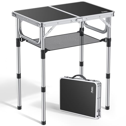 Anbte Campingtisch Klapptisch Aluminium Falttisch 3 Höhen Verstellbarer Camping Tisch mit Aufbewahrungsnetz Tragbar Klapp-Picknicktisch für Picknick Camping Strand Balkon (Schwarz)