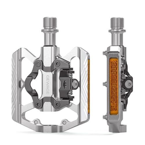 GEWAGE SPD Fahrradpedale，2 in1 Doppelfunktions Flach und SPD Pedale mit Reflektor，9/16 Zoll CrMo Schaft für MTB Fahrräder, Rennräder und E-Bikes (Silber)