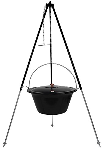 GRILLPLANET® ungarisches Dreibein 1,80m und original 30 L Gulaschkessel mit Deckel/Gulasch Topf Kessel emailliert für offenes Feuer