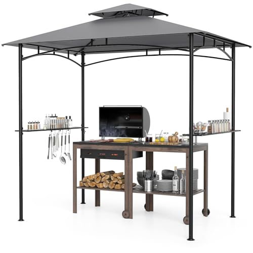 COSTWAY Grillpavillon 242x150cm, Gartenpavillon mit Doppeldach & 2 Seitenregalen & 6 Haken, BBQ Pavillon, Grillüberdachungen wetterfest, Grillunterstand für Hinterhof, Rasen, Terrasse, Pool