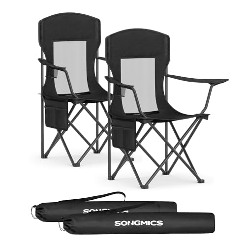 SONGMICS Campingstuhl 2er Set, Klappstuhl Outdoor, Angelstuhl, hohe Rückenlehne, verstellbare Armlehnen, Getränkehalter, klappbar, bis 150 kg belastbar, Camping Garten, tintenschwarz GCB028B02