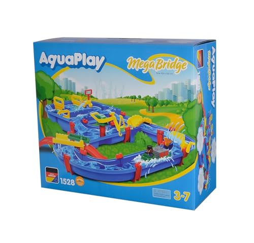 AquaPlay - MegaBridge - Wasserbahnset mit 3 Spielstationen und 49 Teilen, inklusive BO der Bär, Amphibienauto und Transportboot mit 2 Containern, für Kinder ab 3 Jahren
