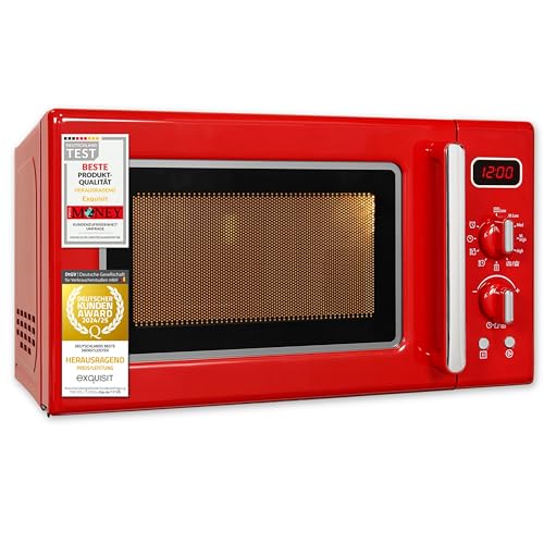 Exquisit Retro Mikrowelle 20L, 1000 Watt Grill, 700 Watt, 25,5cm Drehteller, 5 Leistungsstufen, Timer, Auftaufunktion, 2 Drehregler, RMW720-3GDIG rot