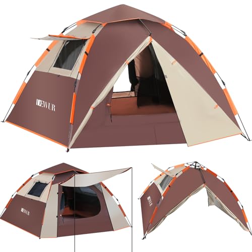 Dewur Camping Zelt, Pop up Zelt 4 Personen Familie Kuppelzelt Wasserdicht Winddicht mit 2 Mesh-Tür, Fenster, 2 in 1 Doppelschichten, Tragetasche für Camping Wandern Backpacking