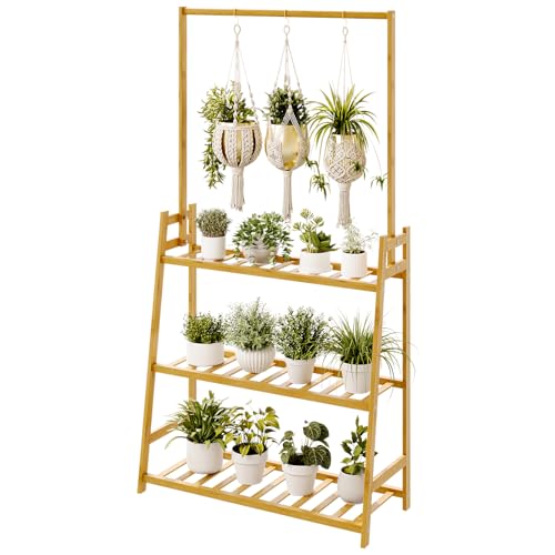 Bamworld Pflanzenständer Hängender Bambus Pflanzenständer für den Innenbereich 3 Etagen hohes Pflanzenregal für mehrere Pflanzen Leiter Blumenständer für Fenster Garten Balkon