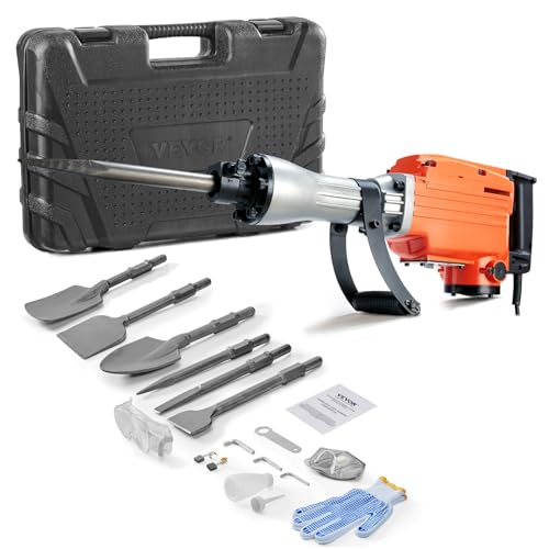 VEVOR Hochleistungs-Betonbrecher Abbruchhammer 2200 W, Elektroabbruchhammer, Bohrhammer Betonhammer Stemmhammer 1400 BPM, inkl. 6 Meißel Spitzmeißel, Flachmeißel, Schabemeißel für Schiefer, Beton usw.