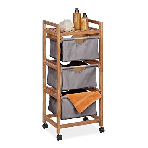 Relaxdays Badregal mit Wäschekorb, 1 offene Ablage & 3 Stoffkörbe, HBT: 96x43,5x33,5 cm, Standregal Walnuss, natur/grau