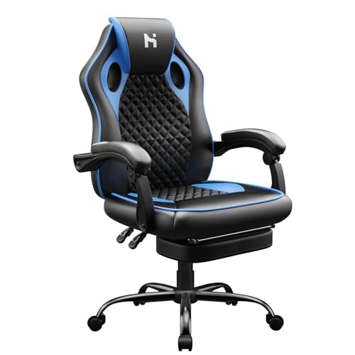 HLONONE Gaming Stuhl Ergonomischer Schreibtischstuhl Höhenverstellbarer Bürostuhl mit Fußhocker PC Stuhl mit Armlehnen, Neigungswinkel von 90-135°, Gamer Stuhl bis 150 kg belastbar,Schwarz-Blau