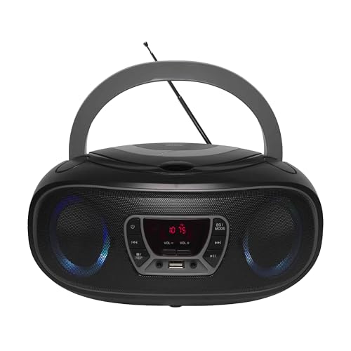 Denver TCL-212 Bluetooth Boombox – CD-Player mit Top-Loading, USB MP3 Wiedergabe, FM-Radio & AUX – Tragbar mit Batteriebetrieb und LED-Licht