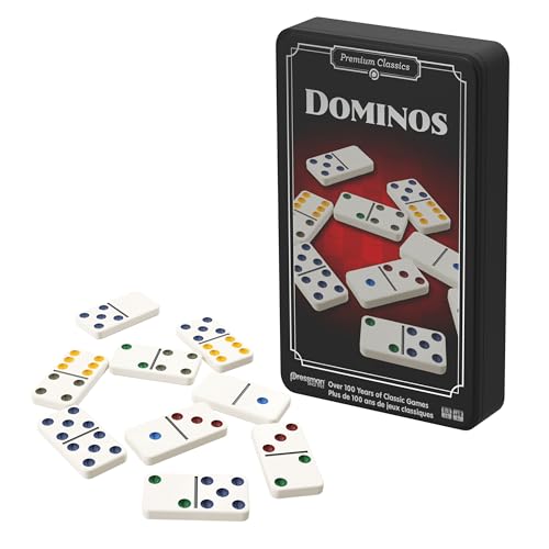 Goliath Domino, Klassisches Brettspiel für Erwachsene und Kinder ab 5 Jahren, Reiseversion mit Metallbox mit 28 hochwertigen Dominosteinen mit farbigen Punkten für 1-5 Spieler