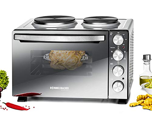 ROMMELSBACHER KLEINKÜCHE KM 3300-2 Gussheizplatten, 30 Liter Backraum, Oberhitze, Unterhitze, Umluft, Drehspieß, 3 Einschubebenen, Doppelverglasung, Spiegelglas-Front, 3250 Watt, silber/schwarz