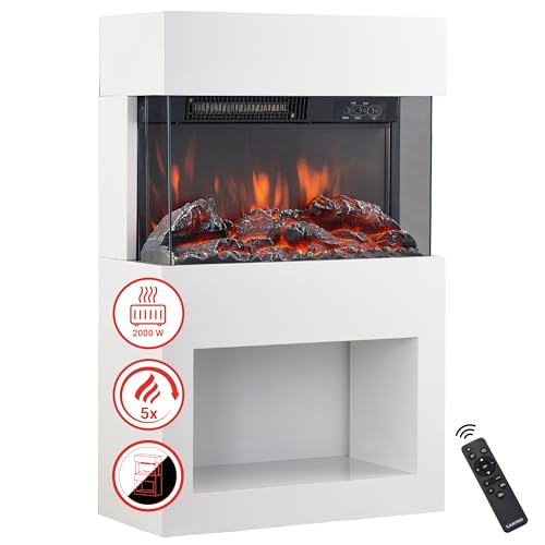KAMINIO Elektrokamin Henri - Elektrischer Kaminofen mit Heizung, 3D-Flammeneffekt, Holzfach, Fernbedienung (Weiß)