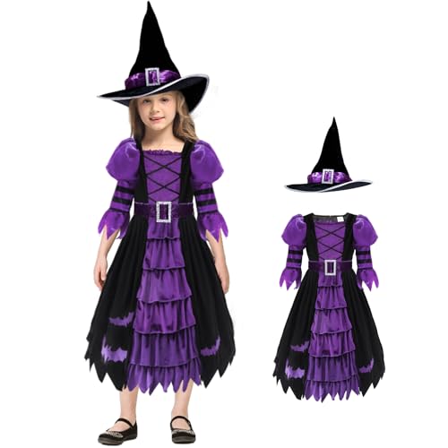 Moiuguli Hexenkostüm Kinder Mädchen, Halloween Zauberer Hexenkleid mit Hexenhut, Lila Hexe Cosplay Kostüm Set für Halloween Karneval Party
