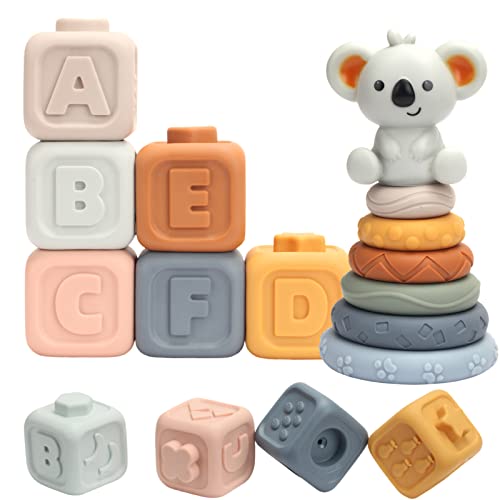 Wodovia Weich Baby Bausteine, Motorikspielzeug Stapelwürfel Bauklötze, Montessori Spielzeug Baby, with Zahlen Obst Texturen, Früherziehung Spielzeug Geschenke für Kleinkind ab 6 9 12 Monate 13 Stück